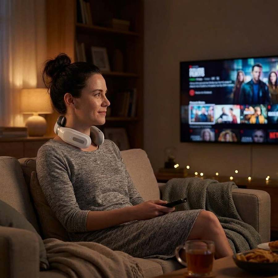 Solvia nyakmasszírozó viselése esti pihenés közben